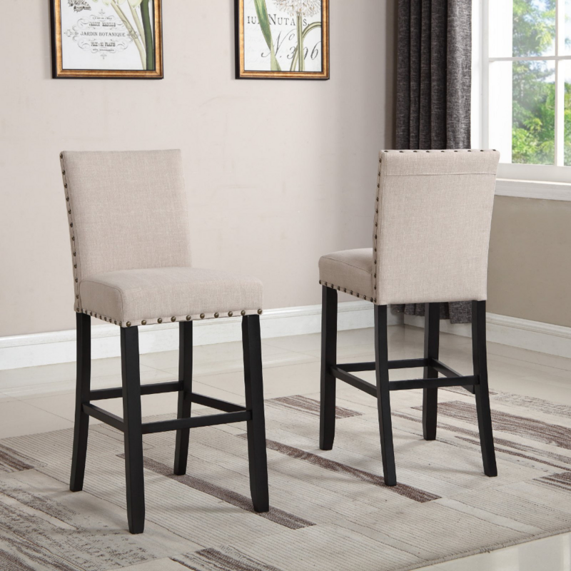 Biony tkanina i drewniany stołek barowy, Tan, tapicerowane plecy, zestaw 2, 29 "stołków barowych na kuchenne krzesło barowe