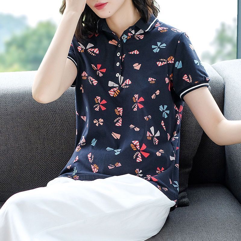 2022 Women Print Fashion Top Summer Female Casual Polo Collar Short Sleeve T-shirt for Girls Vintage Button Up T Shirts Top A36