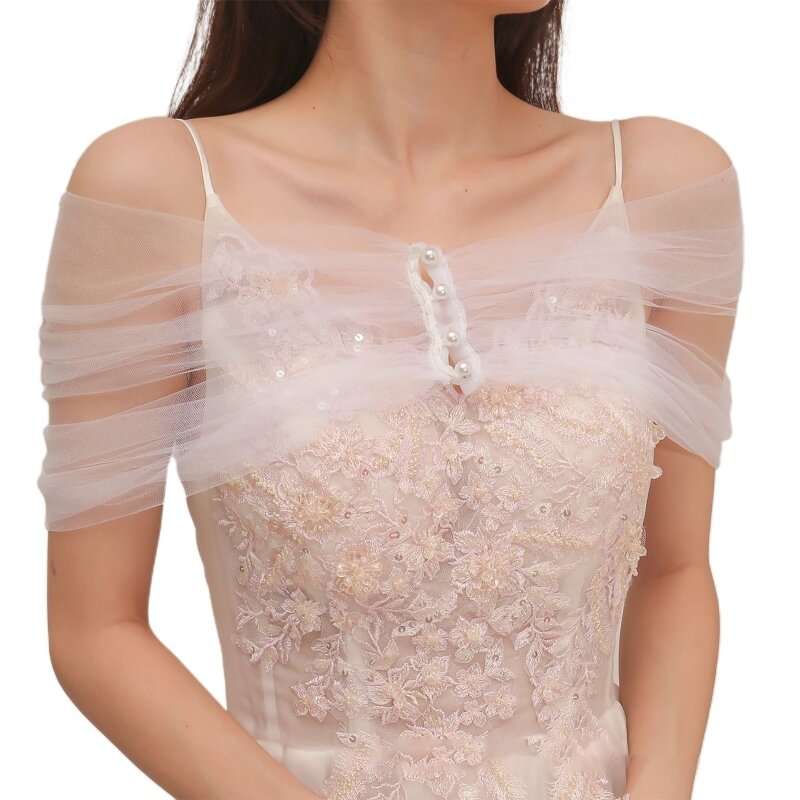 Women Pleated Tulle Sheer Wrap Wedding Bridal off the Shoulder Stole Elegant Formal Shawl with Faux Pearl Button