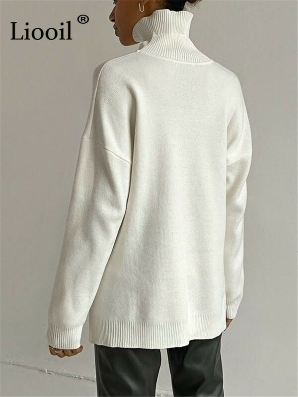 Streetwear Baggy sweter z golfem sweter damski z długim rękawem rozcięcie bluzki z dzianiny sweter 2022 jesienno-zimowy luźny, dzianinowy sweter