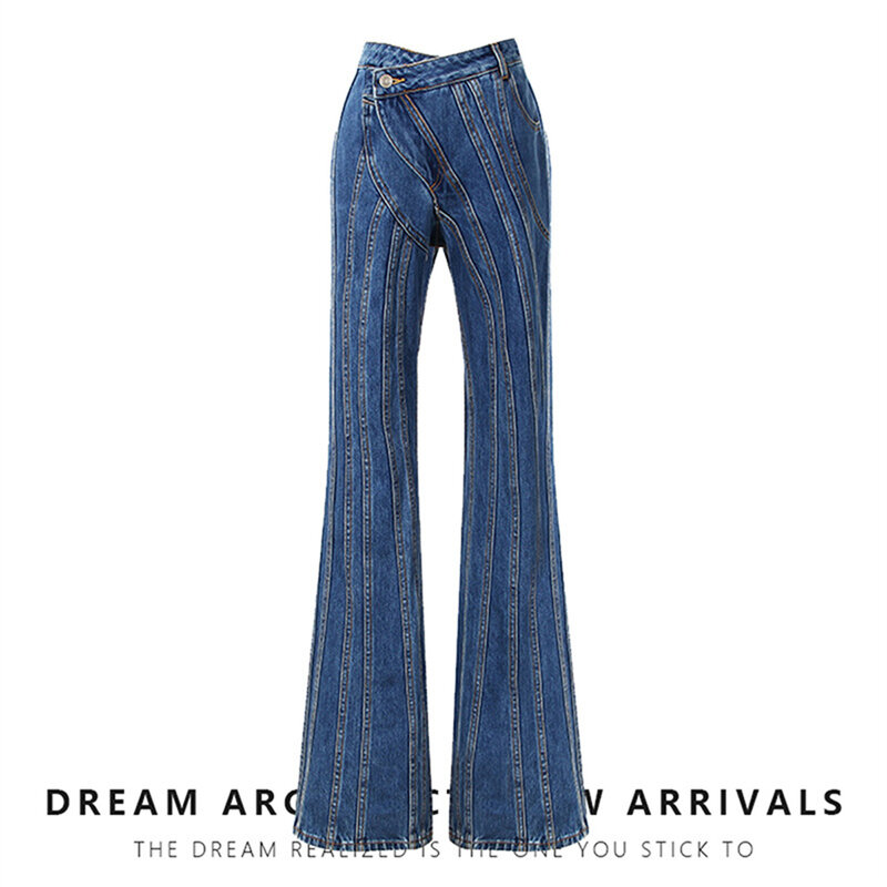 High Street Women's Clothing Personality Asymmetrical Oblique Waist Placket Multi-Line Split Patchwork Structure Tailored Jeans
