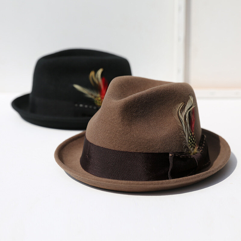 100% wełniany kapelusz Fedora dla mężczyzn jesień brytyjski styl neutralny moda pióro Retro Jazz najlepsze kapelusze luksusowa kobieta kapelusz ślub ceremonia