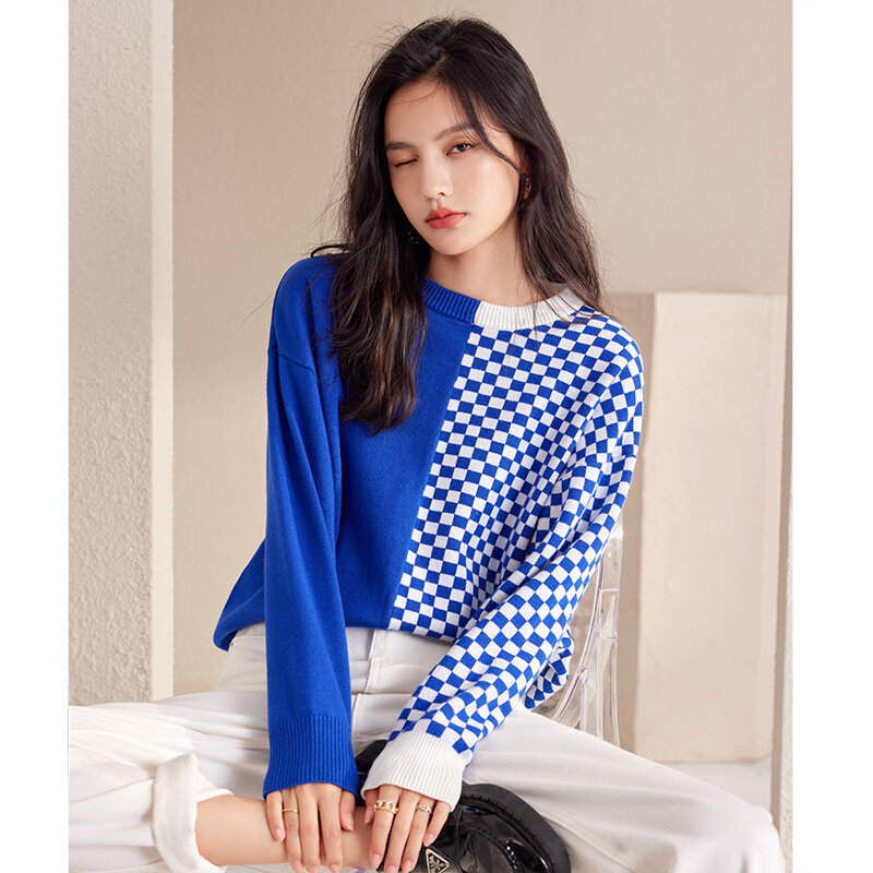 Wisher & Tong maglioni donna 2022 autunno inverno o-collo maniche lunghe Pullover lavorato a maglia blu Casual Chic top maglione moda coreana