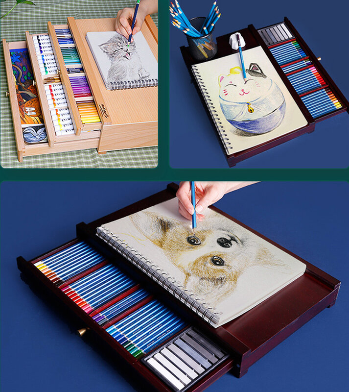 Almacenamiento de escritorio de madera de haya de colores nogal Premium, caja de almacenamiento de 1 cajón, caballete de artista, estuche de escritorio, tienda de arte, marcadores de pintura, lápiz