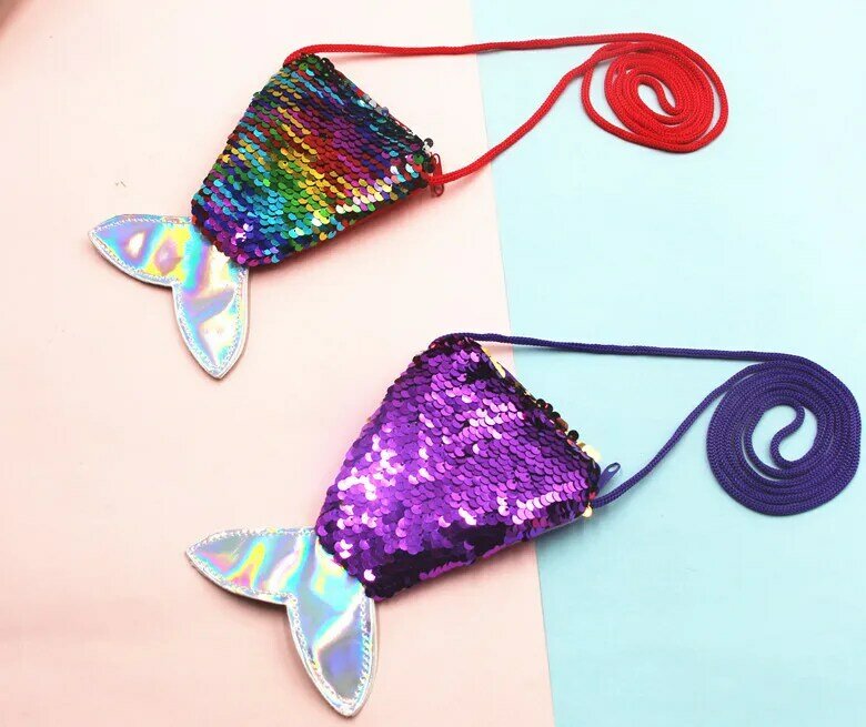 Sequin Mermaid Coin Purse Small Wallet With Lanyard Women Girl's Crossbody Bag Two-color Fish Tail Sequin Shoulder Bag