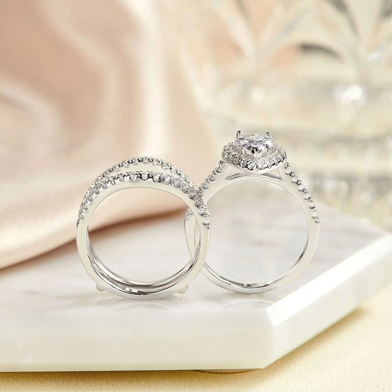 Wuziwen 925 Sterling Perak Potongan Pir AAAAA Zirkon Cincin Pertunangan Set untuk Wanita Penjaga Pernikahan Band Cincin Pengantin Perhiasan