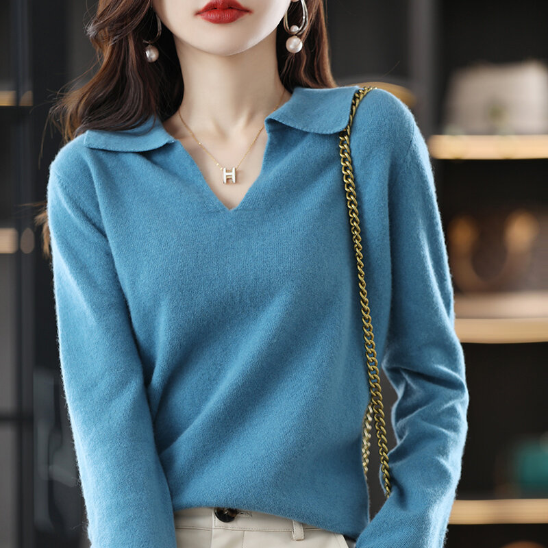 Spring And Autumn New Cashmere Sweater Women's Lapel Long-Sleeved 100% Wool Knitted Sweater Loose Casual Fashion Warm Pullover