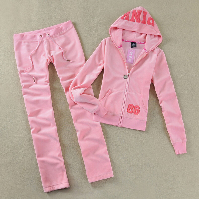 Setelan Hoodie dan celana wanita, pakaian olahraga beludru merah muda 2023 ukuran s-xl
