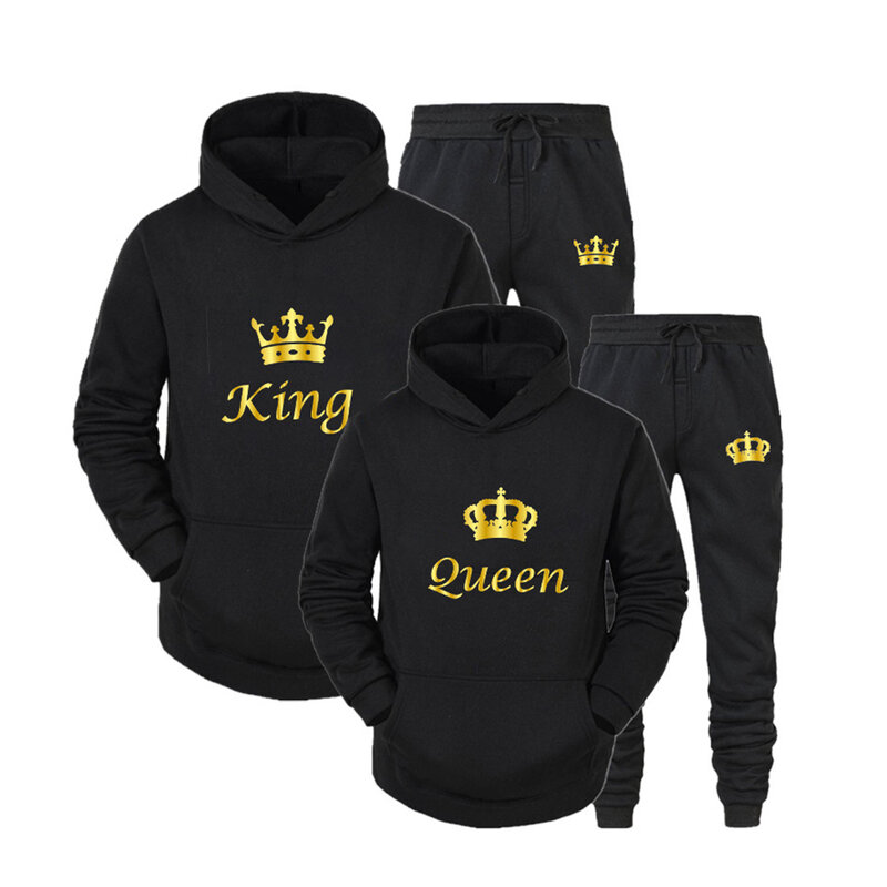 Set Hoodie Kasual Gambar King Queen Baru Pakaian Pullover Bertudung Pasangan Mode Pakaian Olahraga Pria Wanita Musim Gugur dan Dingin