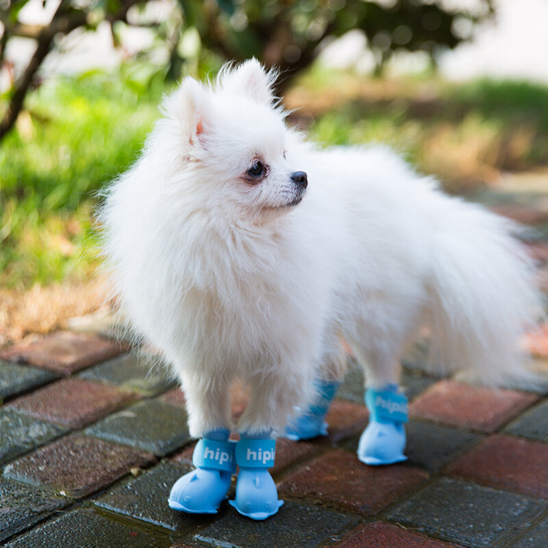 ポメラニアン-漫画の犬の靴,4つの防水ブーツのセット,シリコンベルクロフットカバー付きのPVCビニール