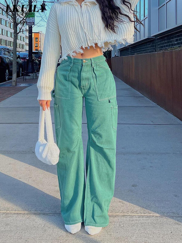Dżinsy damskie Y2K Streetwear kieszeń proste spodnie 2022 Baggy moda Famale odzież niskiej talii estetyka jednolity kolor, spodnie