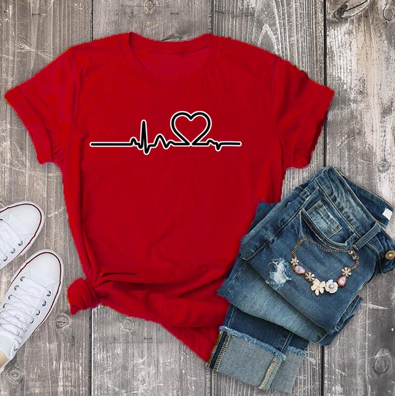 Camiseta con estampado de letras para mujer, camiseta divertida informal con estampado de latido de corazón, ropa para chica