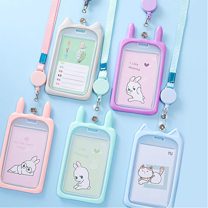 Cute Cartoon Cat Bank Identity Bus ID Card Holder Wallet Bus Card Cover Case Credit Card Holder with Retractable Reel Lanyard