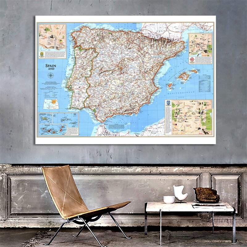 A2 Ukuran Eropa Sebagian Perjalanan Peta Bukan Tenunan Nasional Peta Spanyol dan Portugal Pendidikan Pembelajaran Perlengkapan Dekorasi Dinding poster