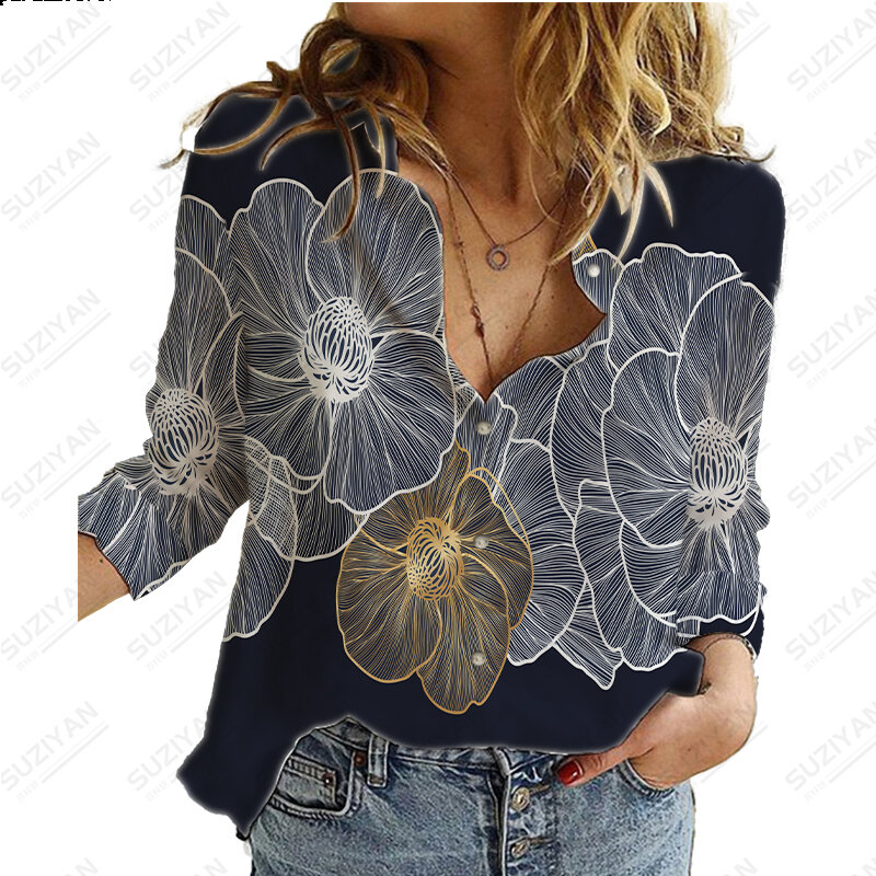 女性用長袖ボタンダウンシャツ,カジュアル,トロピカル植物,ラペルカラー,ラージサイズ