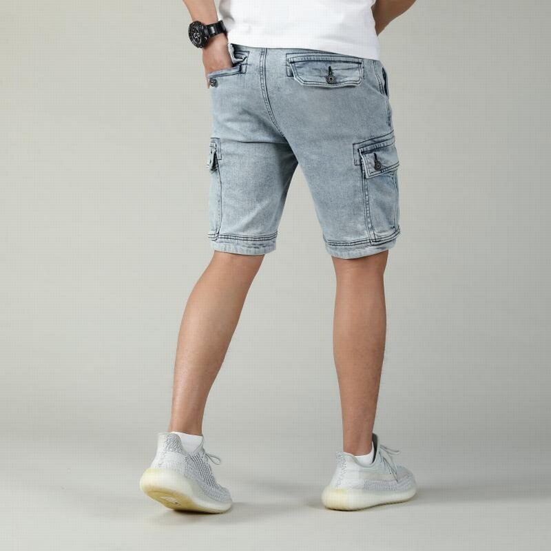 Pantalones cortos de mezclilla rectos Retro con múltiples bolsillos para hombre, pantalones vaqueros largos hasta la rodilla, algodón lavado antiguo, Amekaji Harajuku Y2K, Verano