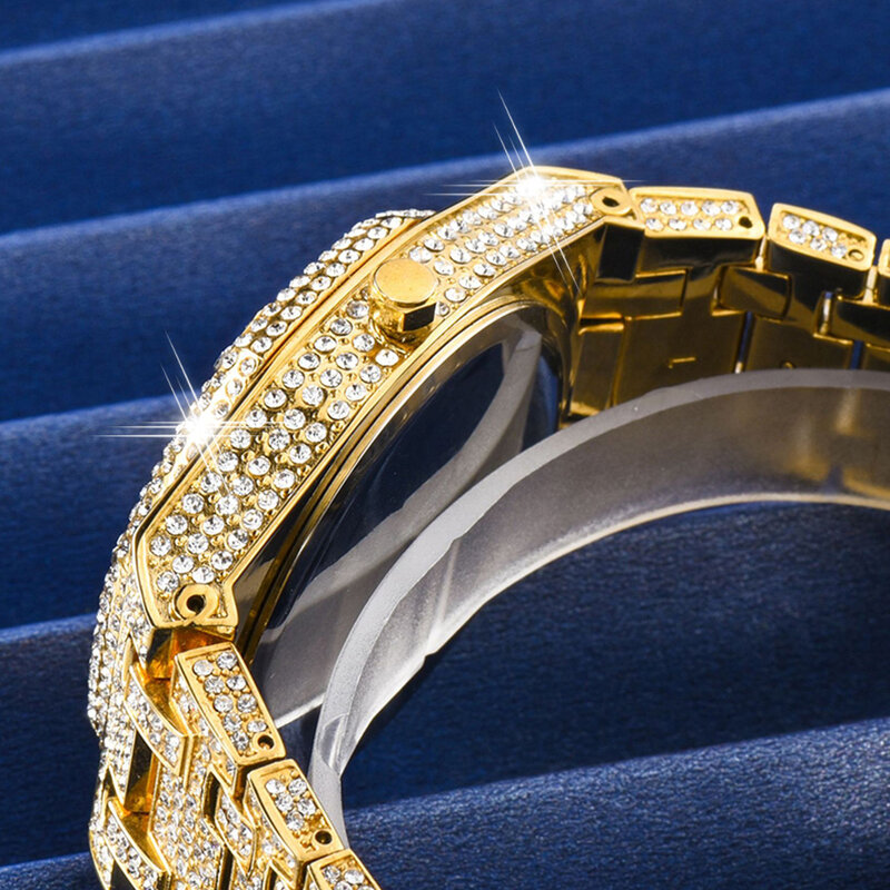 Elegante clássico cheio gelo fora diamante relógio para homem algarismos árabes quartzo relógios dos homens à prova dwaterproof água luxo rosa ouro montre homme