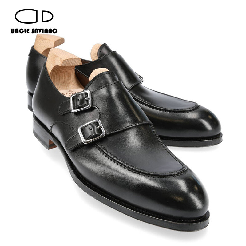 Tio saviano duplo monge estilo casamento vestido preto noivo melhor sapatos masculinos designer artesanal sapatos de couro genuíno para homem
