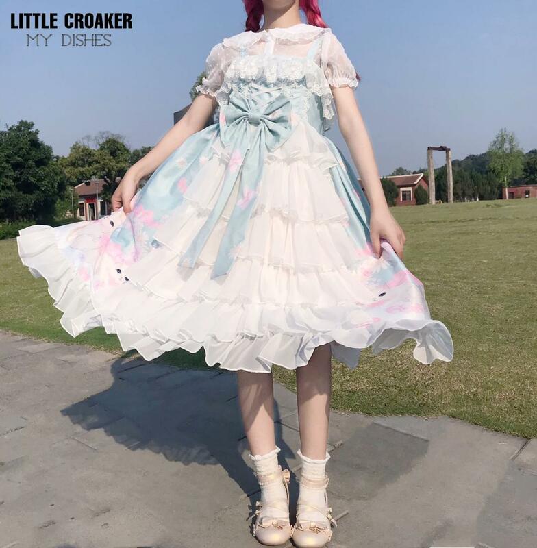 Japanese Harajuku Gothic Lolita Suspender Dress Sweet Peter Pan Collar Top Cute Bow Cosplay Kawaii Ruffles Cartoon Cat JSK Dress