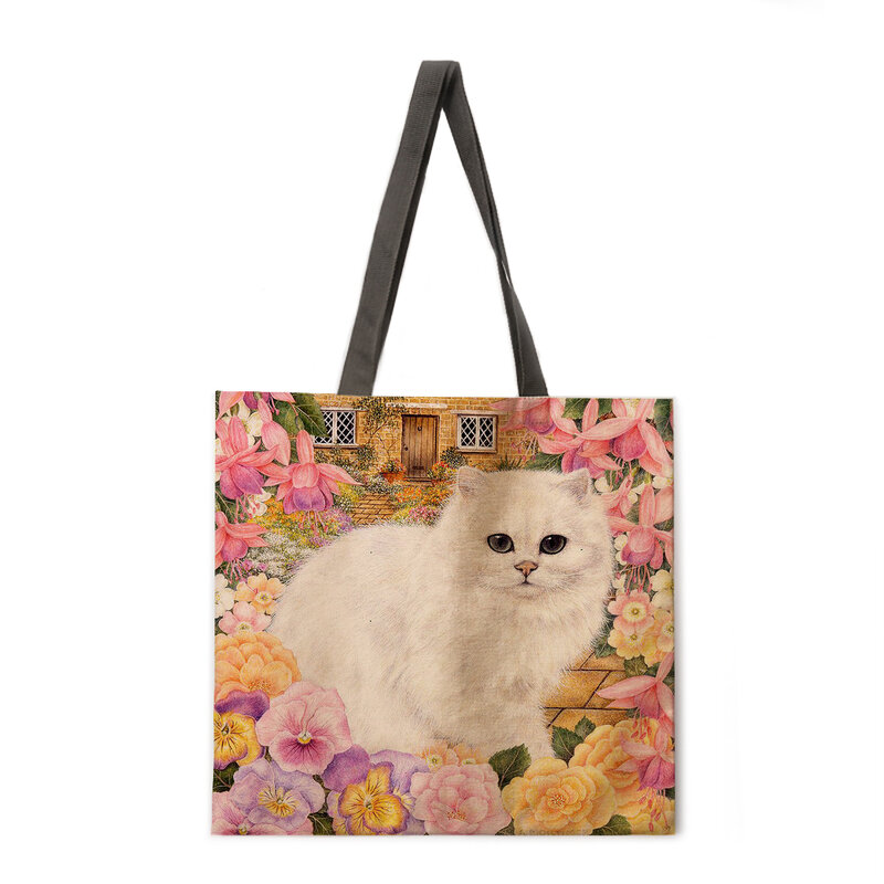 Bolsa de compras reutilizable con estampado de gato y vida, bolso de hombro para mujer, de lino, para playa al aire libre, de uso diario