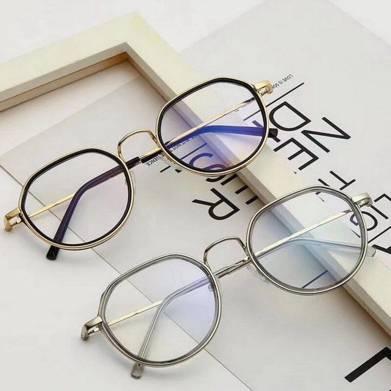 남녀공용 금속 라운드 안경, 블루 라이트 방지, 클래식 사각 안경 프레임, 투명 컴퓨터 안경