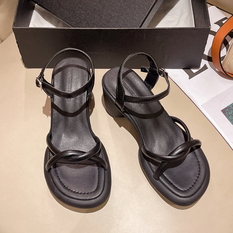 Sandalias de tacón alto con hebilla para mujer, zapatos de tacón grueso, a la moda, con correa estrecha y Punta abierta, para verano