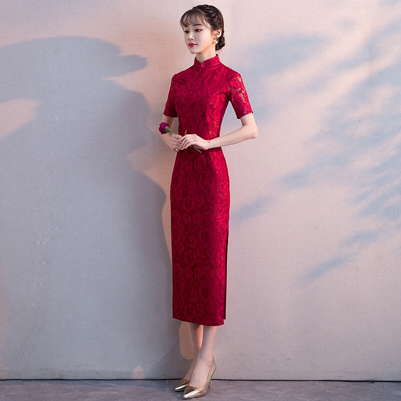 Stile cinese per la sposa femminile-Toast 2022 nuova gonna Cheongsam auto-coltivazione di media lunghezza rosso vino e rosso per la primavera