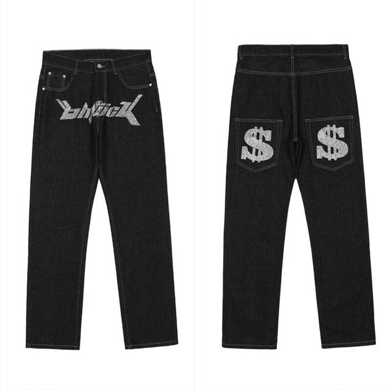 Jeans con stampa dritto Baggy Punk moda uomo Harajuku pantaloni stampati Oversize Streetwear Y2k nero Trendyol Hip Hop uomo