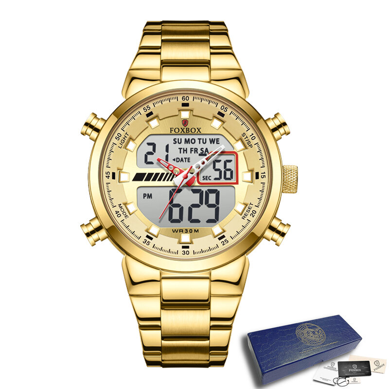 LIGE mężczyźni wojskowy marka sportowa Wrist Watch złoty kwarc stalowy wodoodporny podwójny wyświetlacz męski zegar zegarki Relogio Masculino