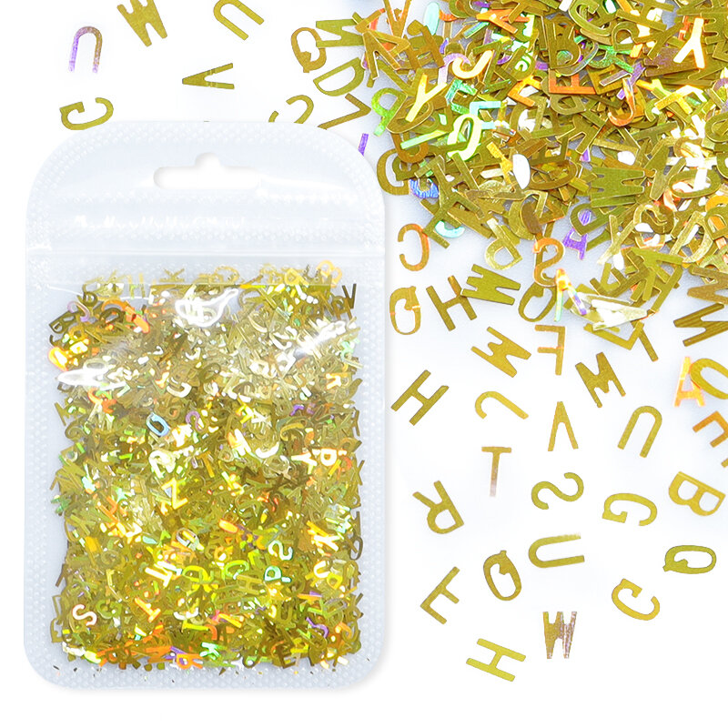 10 g/saco holográfico glitter inglês letra arte decorações laser ouro prata alfabeto lantejoulas acessórios unhas paillette
