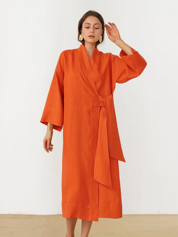 Hiloc Gaun Ganti Wanita Warna Murni Baju Rumah Wanita Katun 100% Jubah Mandi Longgar Hitam dengan Ikat Pinggang Gaun Setengah Betis Oranye