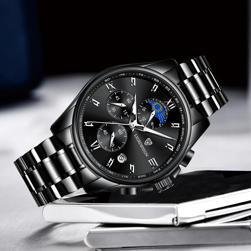 Ligeレロジオmasculinoステンレス鋼ビッグ男性は高級有名なトップブランドのメンズカジュアルドレス腕時計クォーツ腕時計