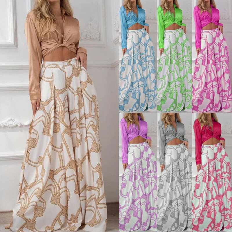 Summer Autumn Two Piece Sets Womens Fashion Sexy Mid Sleeve Shirt Elgant Floral Print Wide Leg Pant Suit Casual 2pcs Set Women