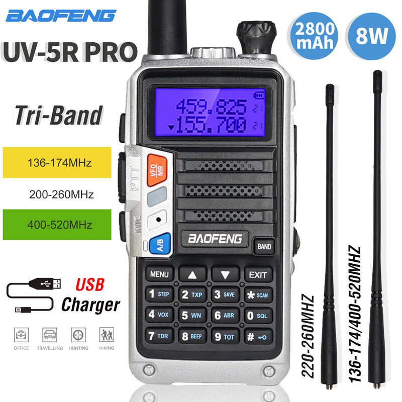 Baofeng-walkie-talkie UV-5R Pro, Radio bidireccional de tres bandas, 8W, alta potencia, portátil, CB Ham, HF, FM, transceptor, actualización UV 5R, 2020