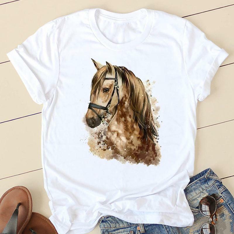 Camiseta estampada de manga corta con estampado de caballo de acuarela para mujer, ropa informal de tendencia de los años 90, top de verano