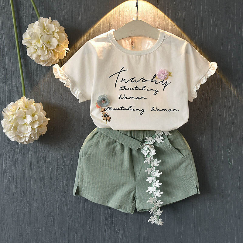 Menoea-새로운 봄 여름 꽃 어린이 민소매 티셔츠 + 단색 반바지 세트, 2 피스 아동 정장 패션 3-7T 아동복