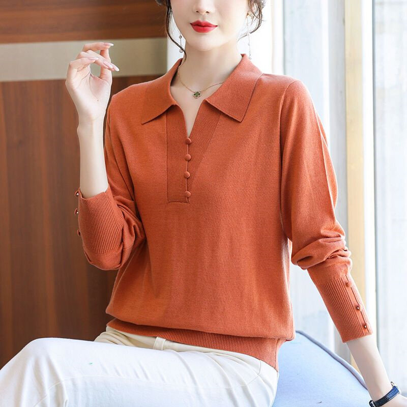 Autumn Winter Elegant Chic Polo Collar Solid Ladies Knitted Sweater Fashion Causal Loose Long Sleeve Pullover Knit Top Jumper4XL