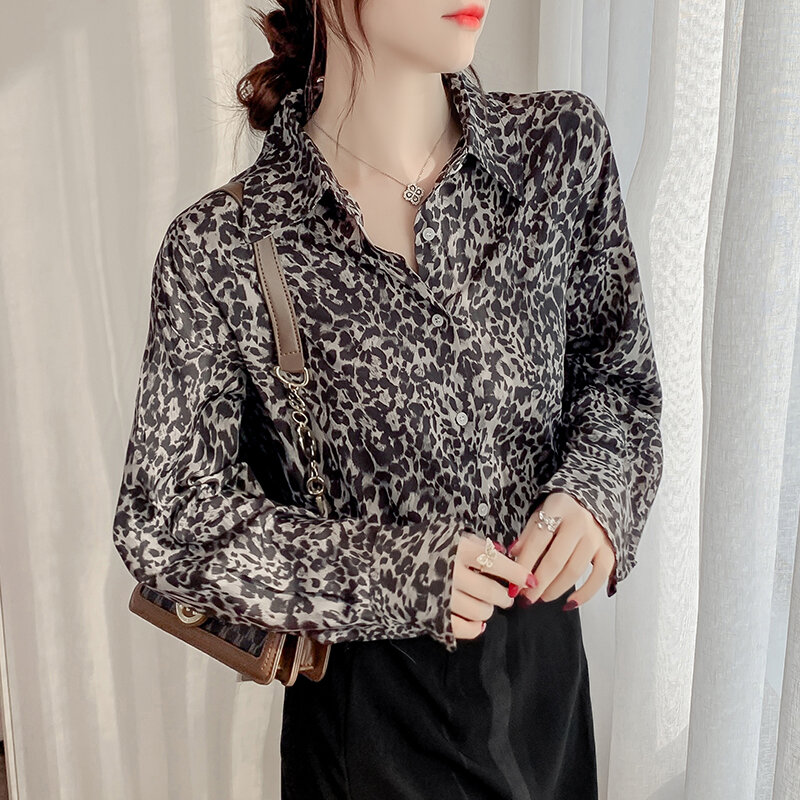 Camiseta con estampado De leopardo para Mujer, Blusa De manga larga para oficina, ropa De Moda para Mujer, top 80B