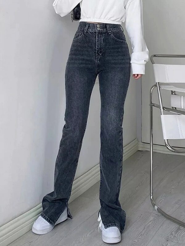 Jeans a vita alta per donna pantaloni in Denim elasticizzato in cotone elasticizzato lavato Vintage Y2K pantaloni blu Slim Fit con spacco laterale Streetwear