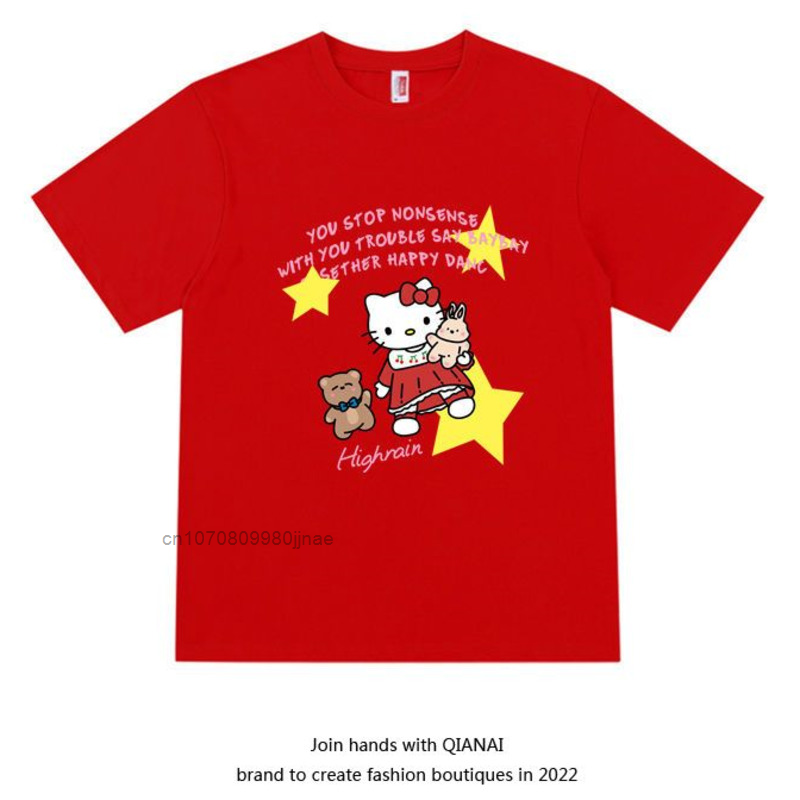 Qianai-Camiseta de manga corta de algodón puro para mujer, Camiseta de cuello redondo con estampado de hellokitty, Top para mujer 2020