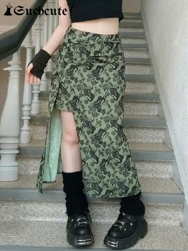 SUCHCUTE Grunge Fairycore kwiatowy Print spódnice Midi kobiety Y2K Harajuku spódnica z rozcięciem Vintage 90s Streetwear Casual koreańskie ubrania