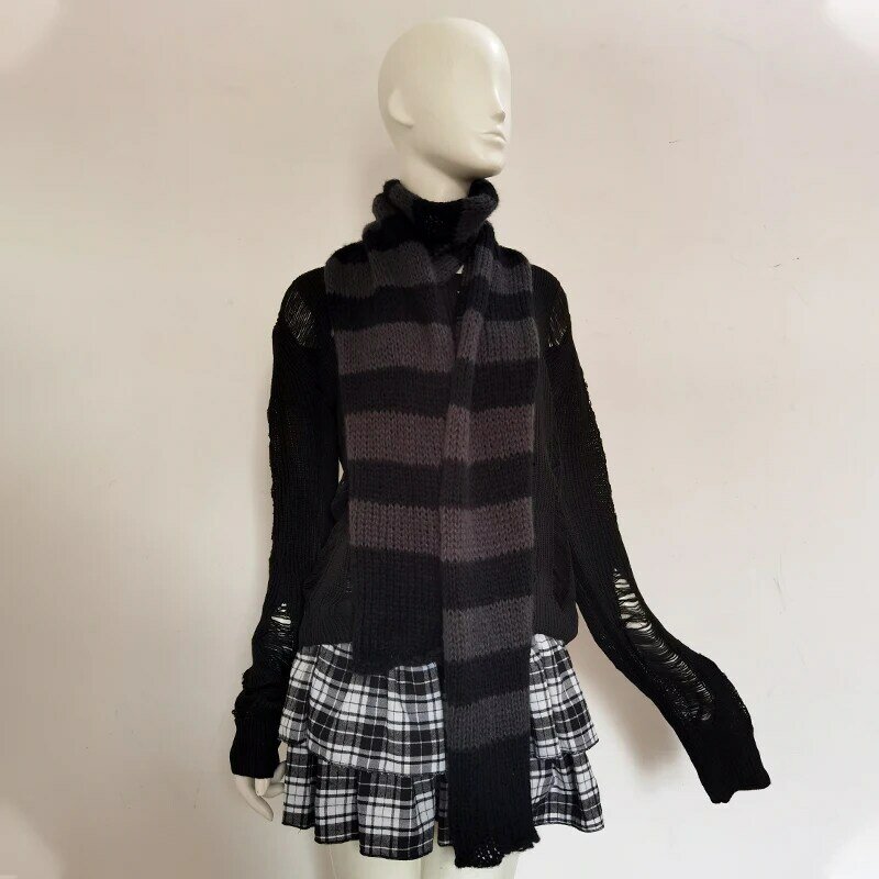 Y2k Girl Warm Long Scarves Gothic Black Gray Striped Women Unisex Knitted Neckerchief 2022 Korean Japanese Basic Scarf 2.1m*0.3m