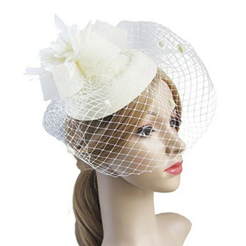 ผู้หญิงสบายๆตาข่ายพับหัตถกรรมวันหยุดผู้ใหญ่DIYดอกไม้แฟชั่นหมวกหมวกด้านบนหมวกBowler Feather Veilงานแต...