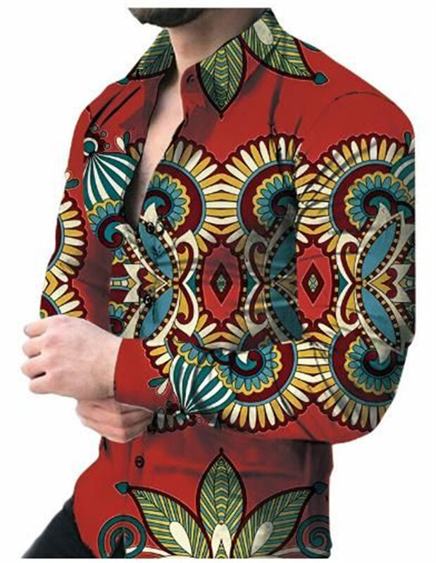 2023 Men's Casual Long -sleeved 3D Printing Shirt Spring and Summer Men's Lapel Button Button Long -sleeved Shirt