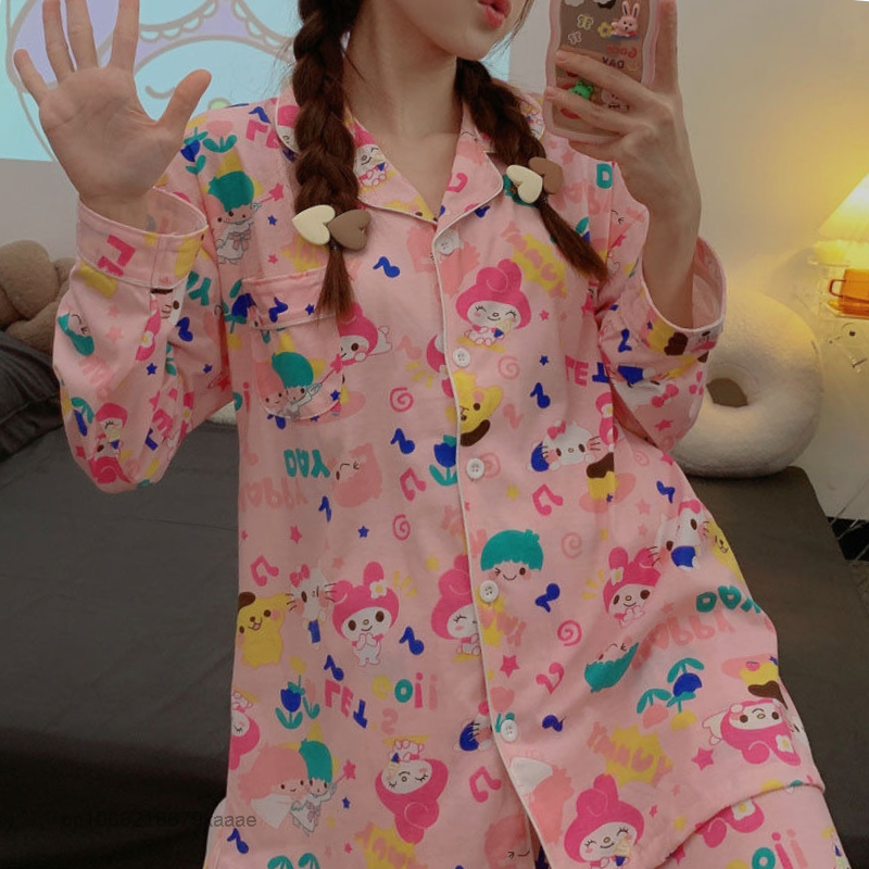 Sanrio Cartoon Melody New Home Clothes Cotton Women 2 Piece Set Korean Style Pink Cardigan Tops Wide Leg Pants Y2k Pajamas Suit