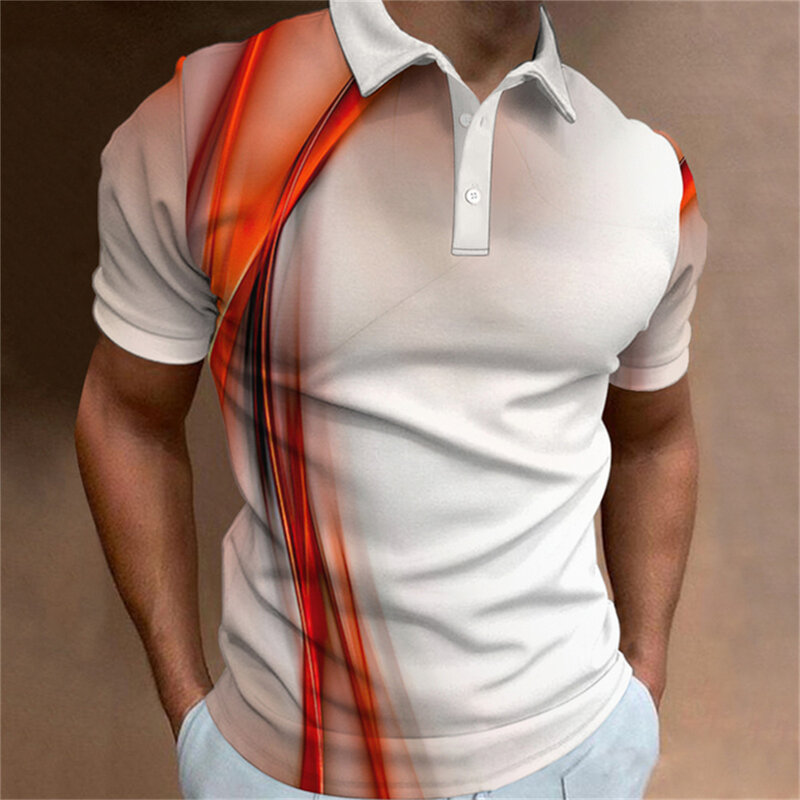 Polo à manches courtes imprimé rayé 3D pour hommes, t-shirt à revers décontracté, chemisier vintage, été, streetwear