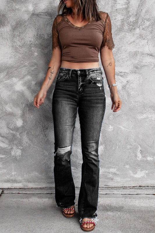 2022 outono e inverno novo feminino cintura alta elástica borda crua rasgado moda queimado calças jeans feminino