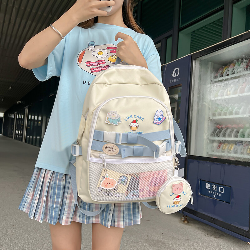 แฟชั่นน่ารัก Kawaii กระเป๋าเป้สะพายหลังนักเรียนหญิงขนาดใหญ่ความจุ Badge จี้กระเป๋า Casual Travel กระเป๋าเ...