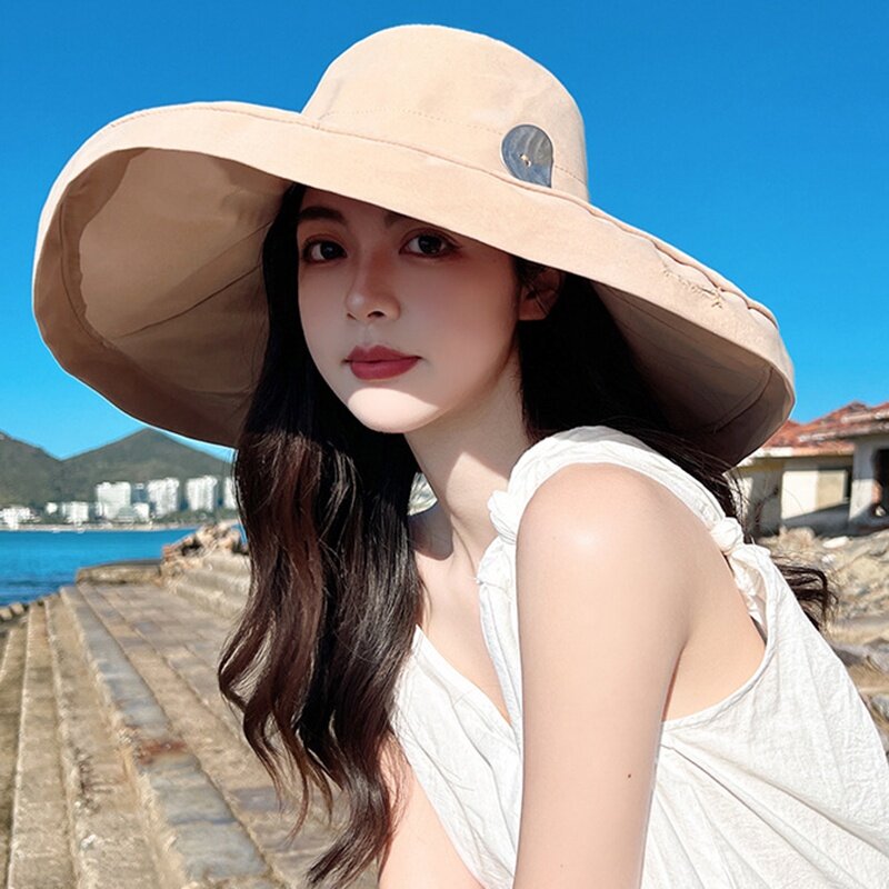 Feminino ampliar borda vintage protetor solar balde chapéu feminino elegante proteção uv casual selvagem respirável praia sunhat
