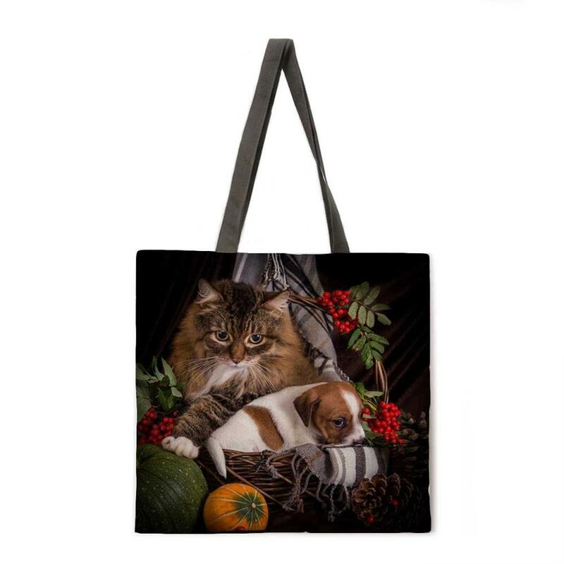Многоразовая сумка для покупок с принтом кота, модная Уличная Повседневная пляжная сумочка на плечо, складной тоут из льняной ткани